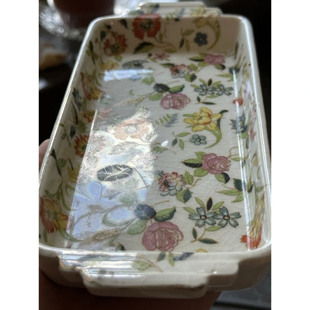 Vintage Japan Chintzware Rectangular Tray Floral Porcelain Trinket Vanity Dish